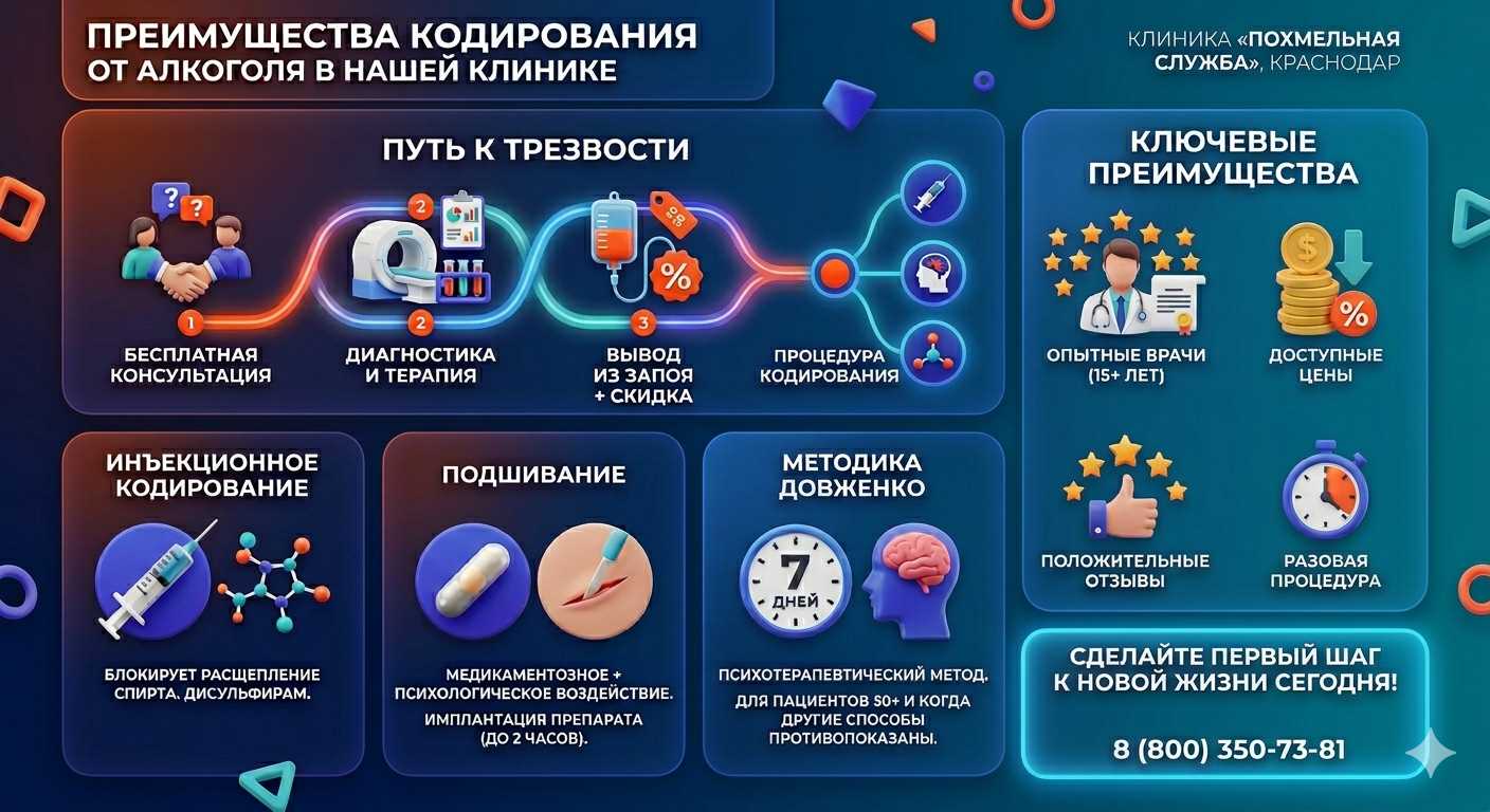 Инфографика о методах кодирования от алкоголя в Хвалынске: инъекции, подшивание, метод Довженко. Преимущества клиники и этапы лечения.